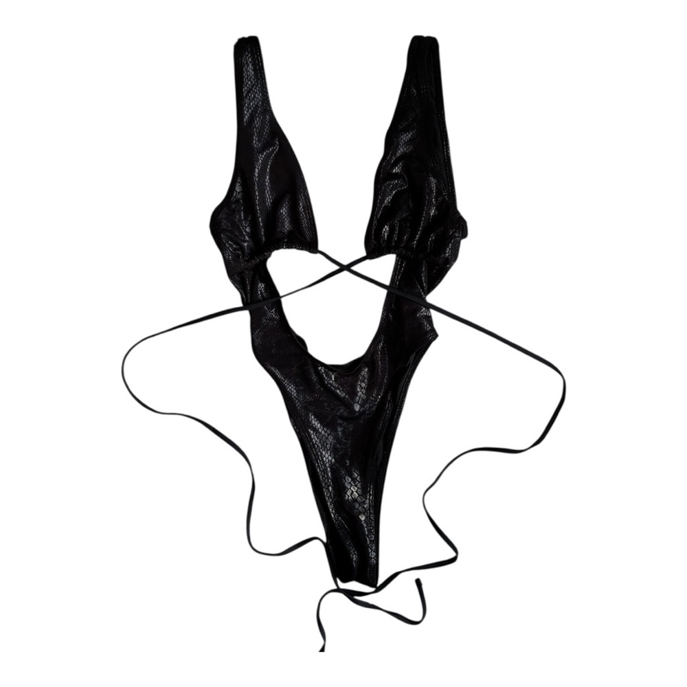 Black Snake Print One-Piece Thong Swimwear